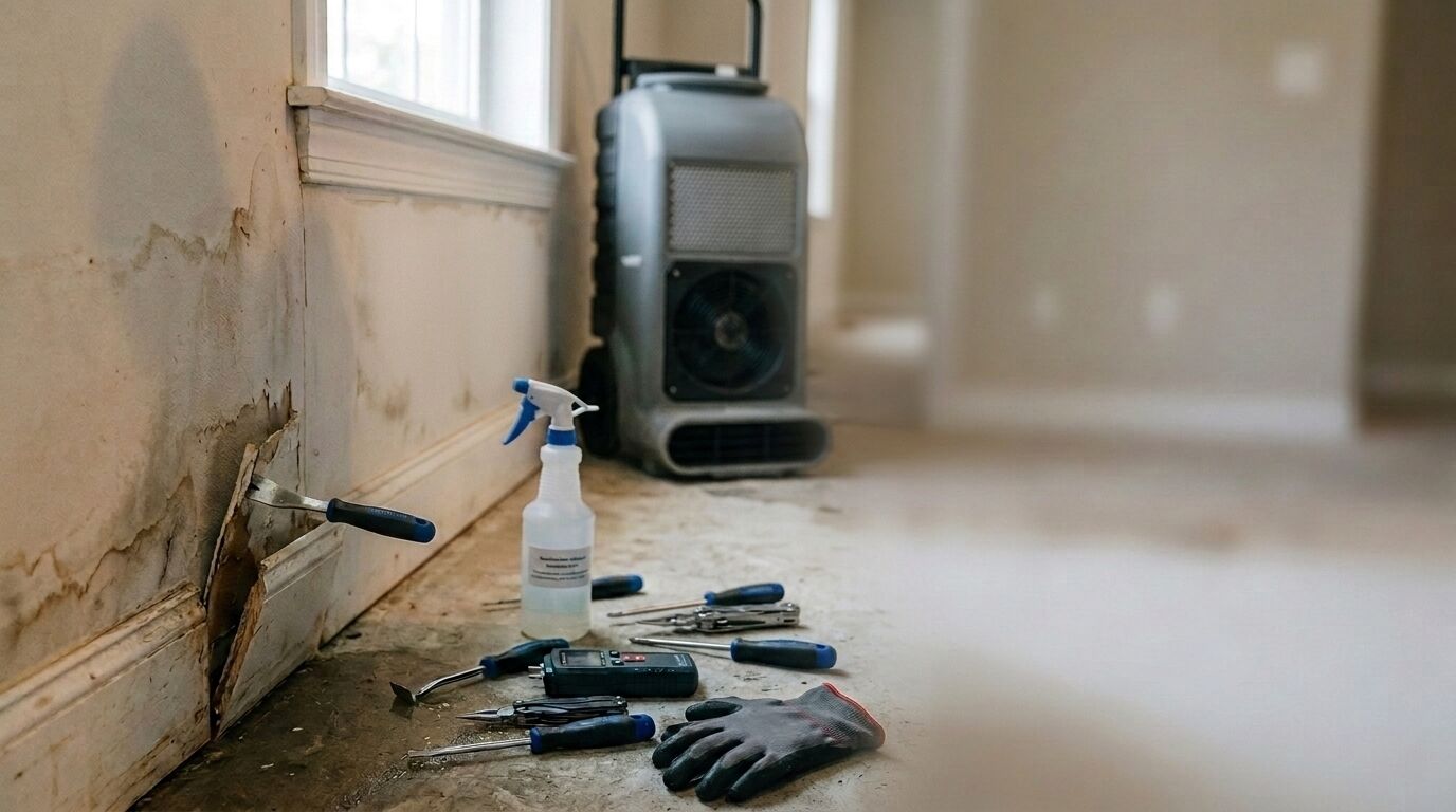 Water-damaged wall base with drying equipment and assessment tools