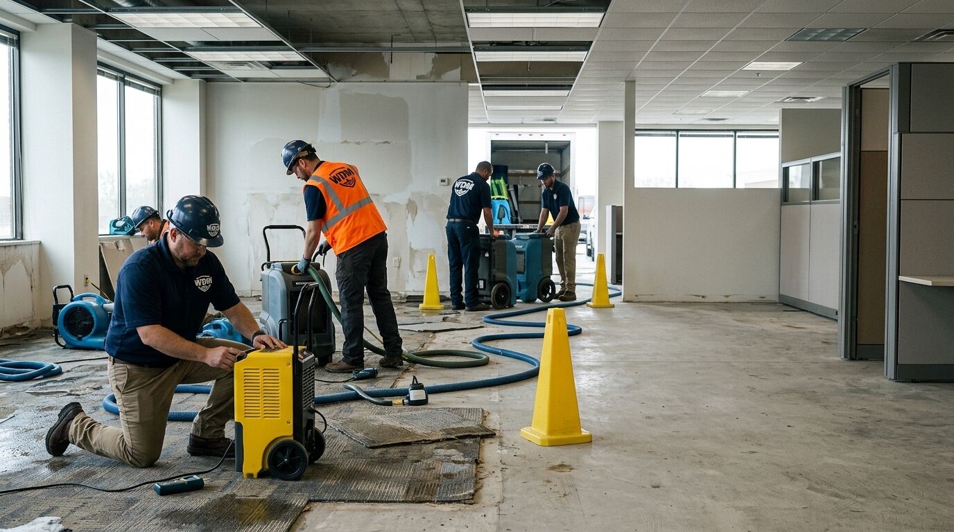 Restoration technicians operating extraction and drying equipment in an affected commercial interior