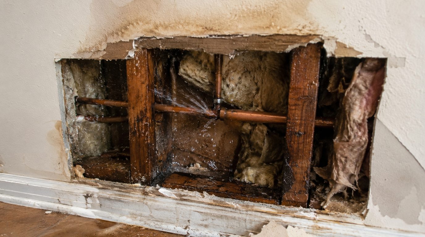Water spraying from a split copper supply line inside an opened wall cavity, with soaked insulation, stained framing and damaged baseboard