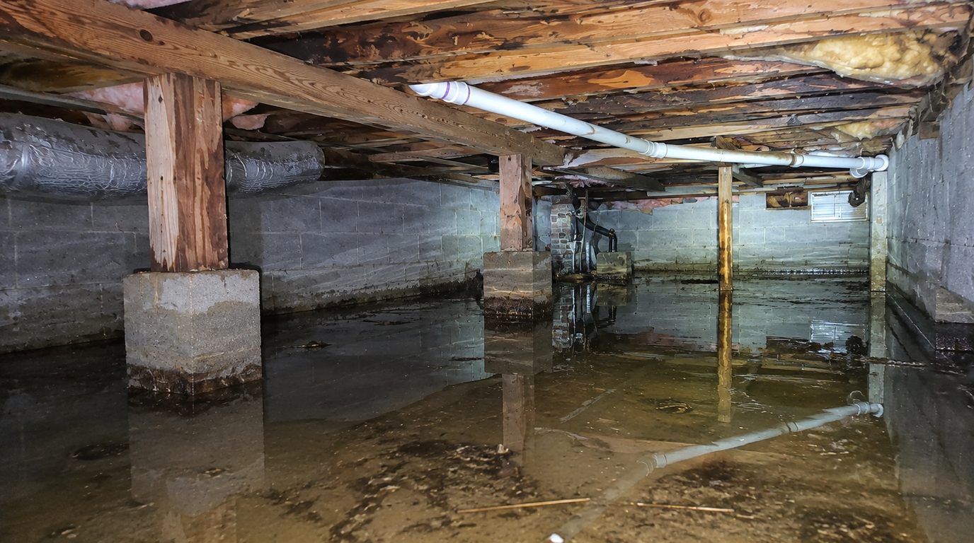 Flooded crawl space with standing water covering the ground beneath floor joists, block piers and overhead plumbing