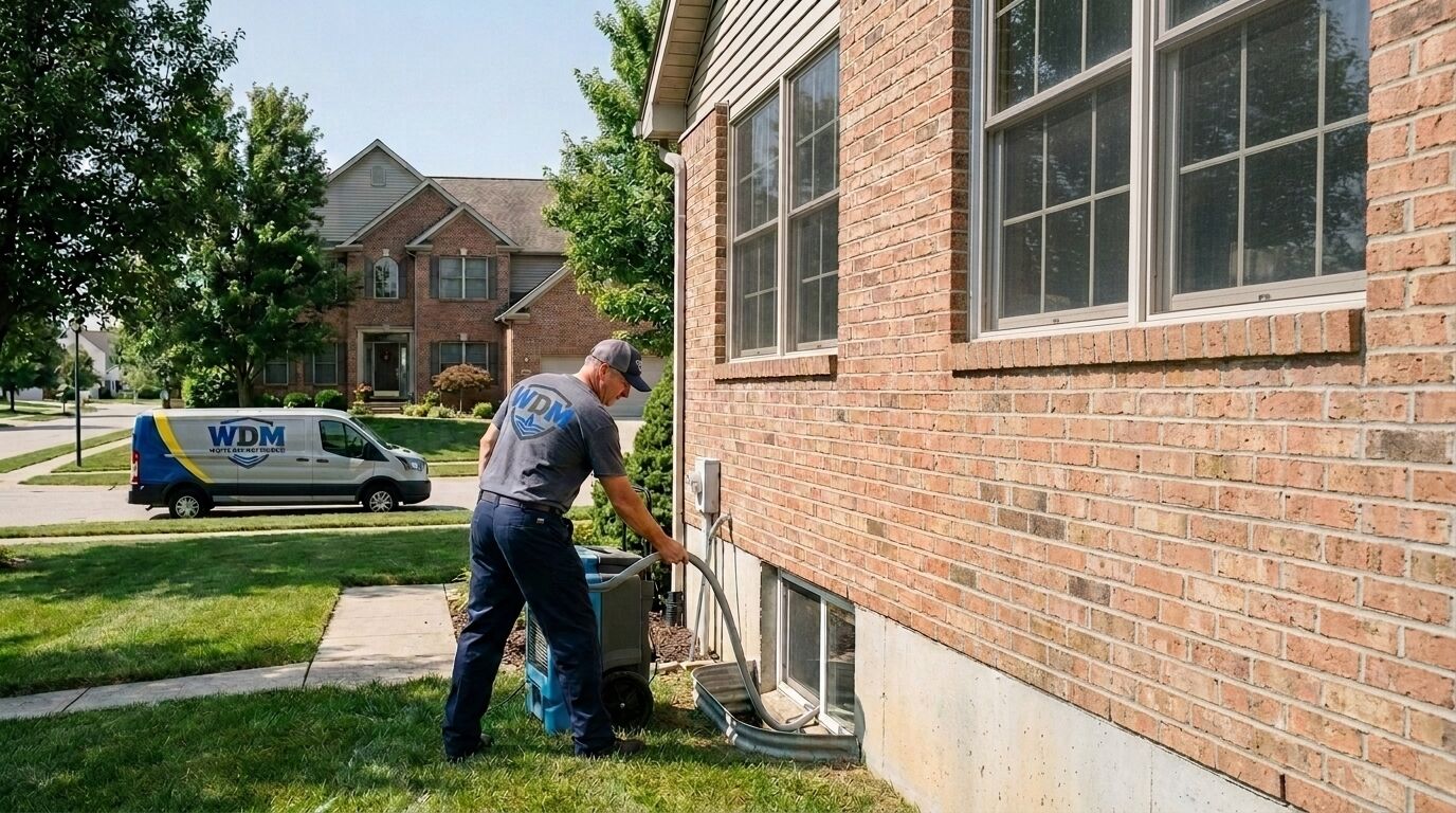 Technician running an extraction hose to a basement window well at the side of a brick home