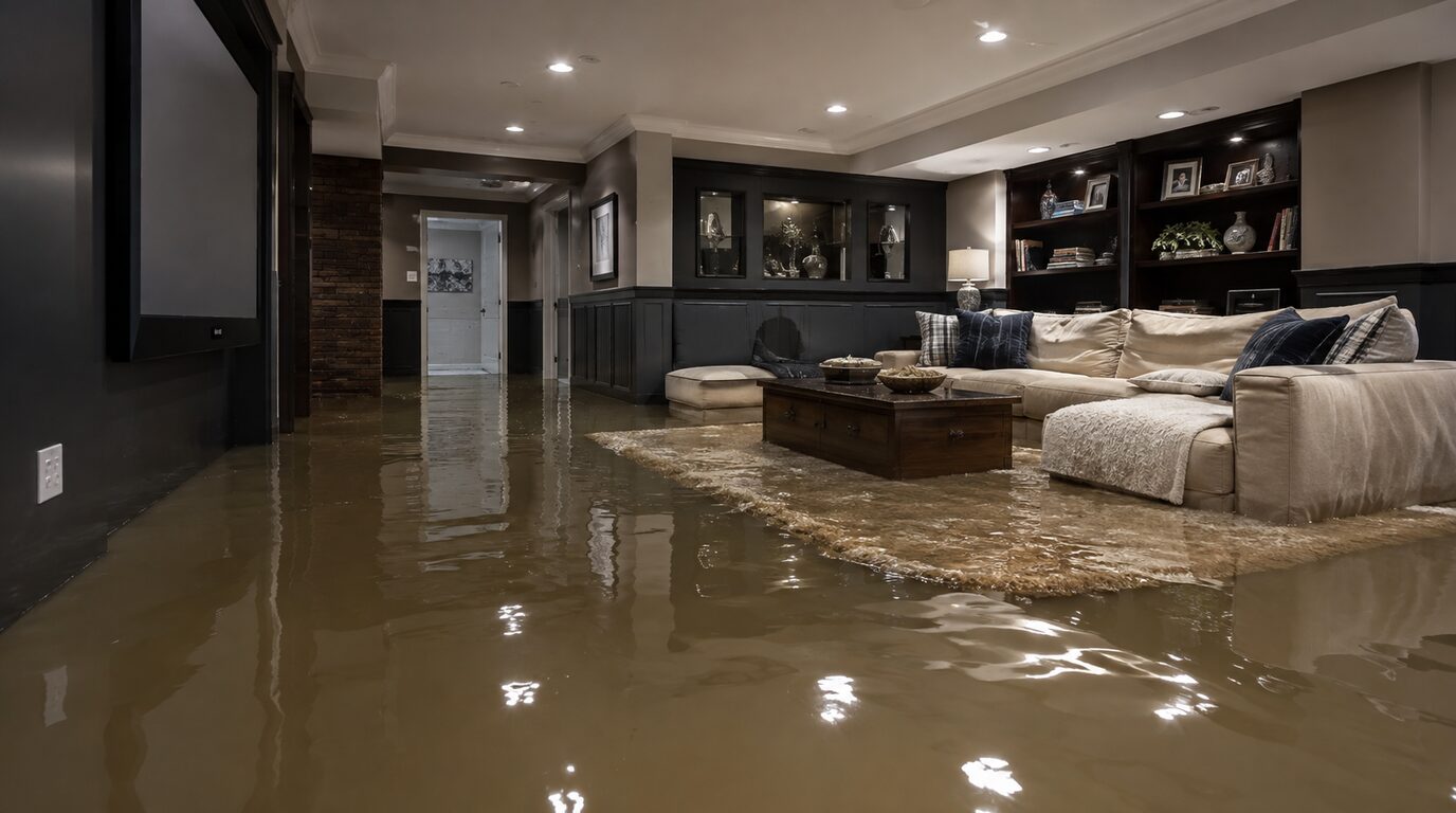 Muddy standing water covering the floor of a finished basement living room, soaking the rug and reaching the base of the sofa and built-in shelving