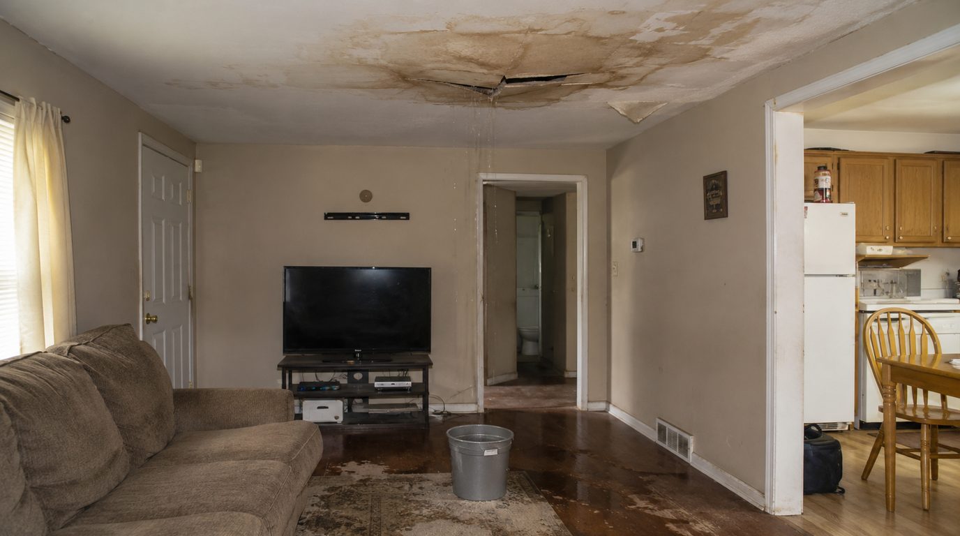 Living room ceiling stained and broken open by a roof leak, with water dripping into a bucket and pooling on the floor