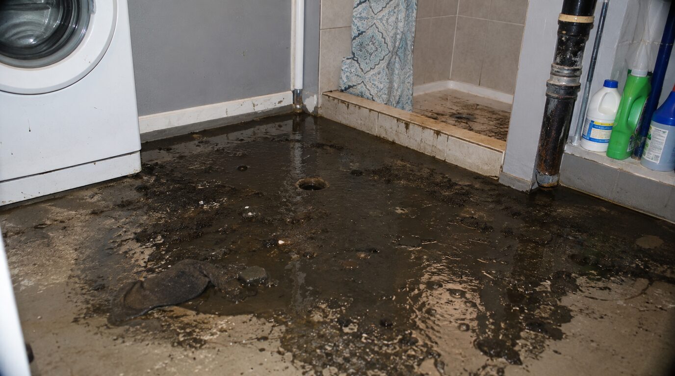 Dark backed-up water spread across a laundry room floor around an open floor drain, next to a washing machine and a tiled shower