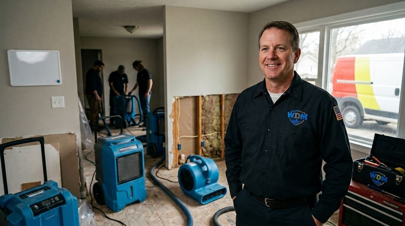 Water damage technician in a home where air movers and dehumidifiers are drying an opened wall