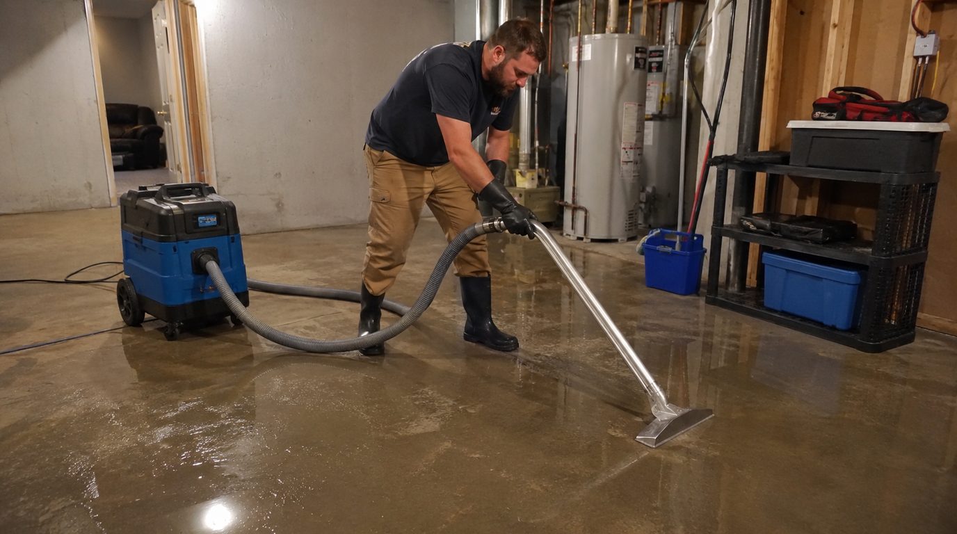 Technician pulling standing water off a wet basement floor with an extraction wand and portable extractor, beside the water heater and utility area